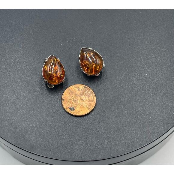 Sterling Silver 925 Prong Teardrop Shape Glowing Amber Stud Clip On Earrings - Picture 9 of 13